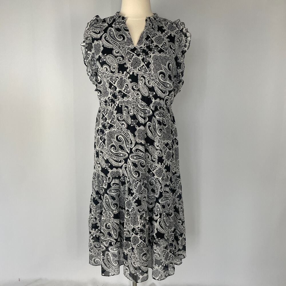 Boho Maxi Dress Size 16 Black White Paisley Chiffon Ruffle Tiered Flowy